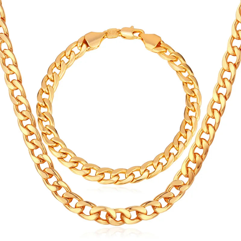 U7 Brand Jewelry Sets Men's Fashion Jewelry Sale Trendy Gold Color 7MM Wide Chain Bracelet Necklace Set Wholesale S401