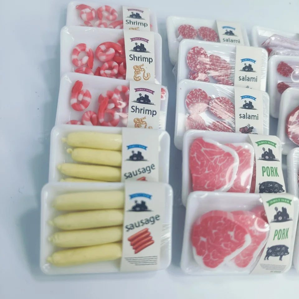 New 1BOX 1/12 Dollhouse Miniature Supermarket food simulation beefsteak salmon Bacon chicken beef roll for Doll House accessorie