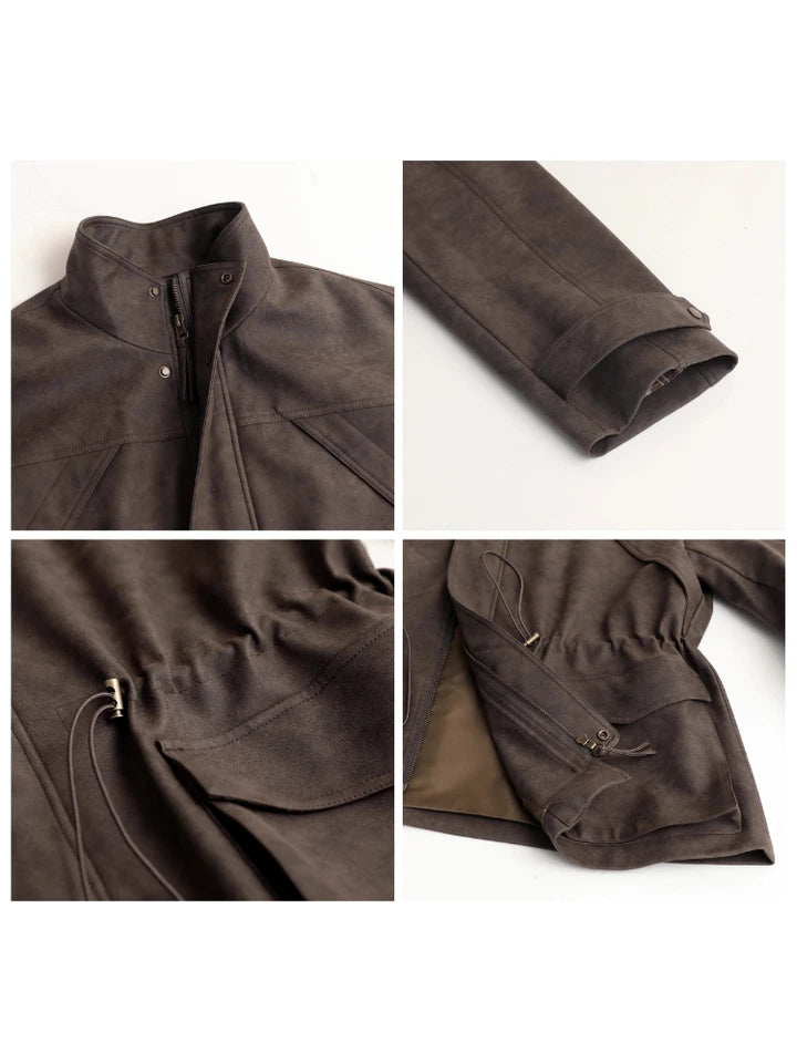 CHIC VEN New Women Suede Jackets Loose Retro Stand Up Collar Mid-length Ladies Casual Coat Female Overcoat Autumn Winter 2025
