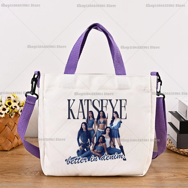 Katseye Fashion Canvas Bag Girl Cute Cartoon Printed Shoulder Bags Women High-capacity Commuting Crossbodybag Handbag Gifts New