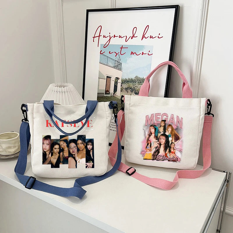 Katseye Fashion Canvas Bag Girl Cute Cartoon Printed Shoulder Bags Women High-capacity Commuting Crossbodybag Handbag Gifts New