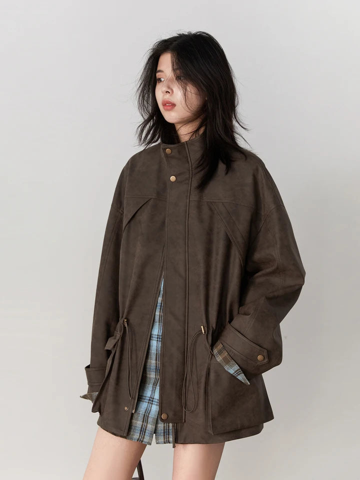 CHIC VEN New Women Suede Jackets Loose Retro Stand Up Collar Mid-length Ladies Casual Coat Female Overcoat Autumn Winter 2025