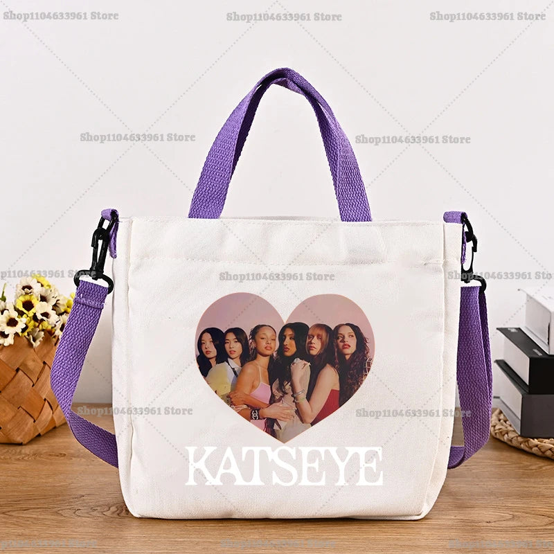 Katseye Fashion Canvas Bag Girl Cute Cartoon Printed Shoulder Bags Women High-capacity Commuting Crossbodybag Handbag Gifts New