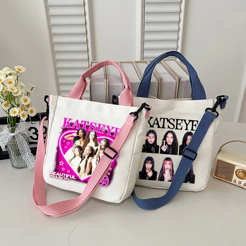 Katseye Fashion Canvas Bag Girl Cute Cartoon Printed Shoulder Bags Women High-capacity Commuting Crossbodybag Handbag Gifts New