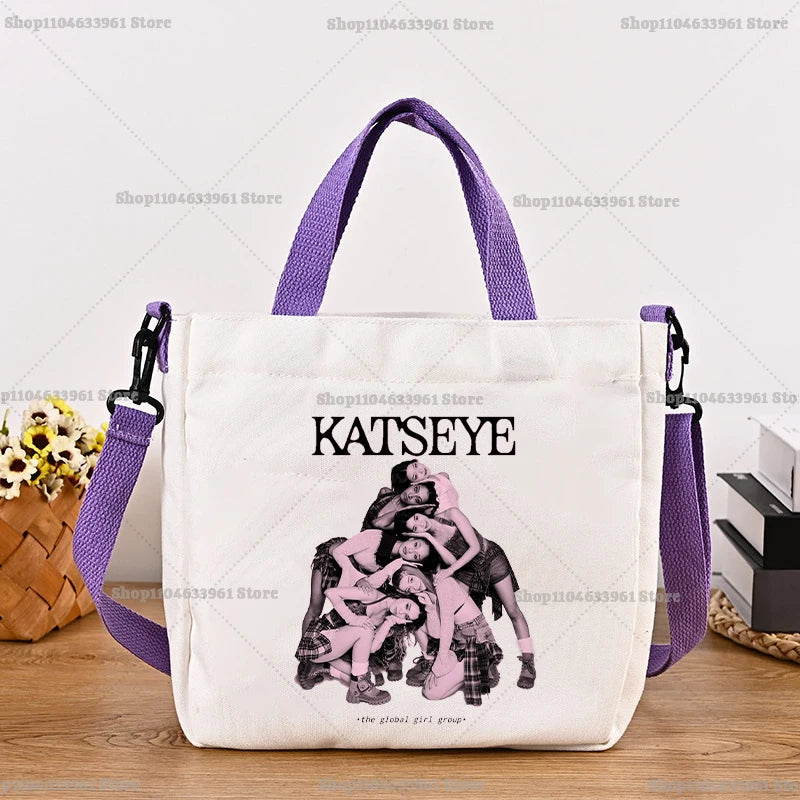 Katseye Fashion Canvas Bag Girl Cute Cartoon Printed Shoulder Bags Women High-capacity Commuting Crossbodybag Handbag Gifts New