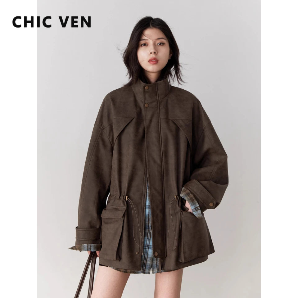 CHIC VEN New Women Suede Jackets Loose Retro Stand Up Collar Mid-length Ladies Casual Coat Female Overcoat Autumn Winter 2025