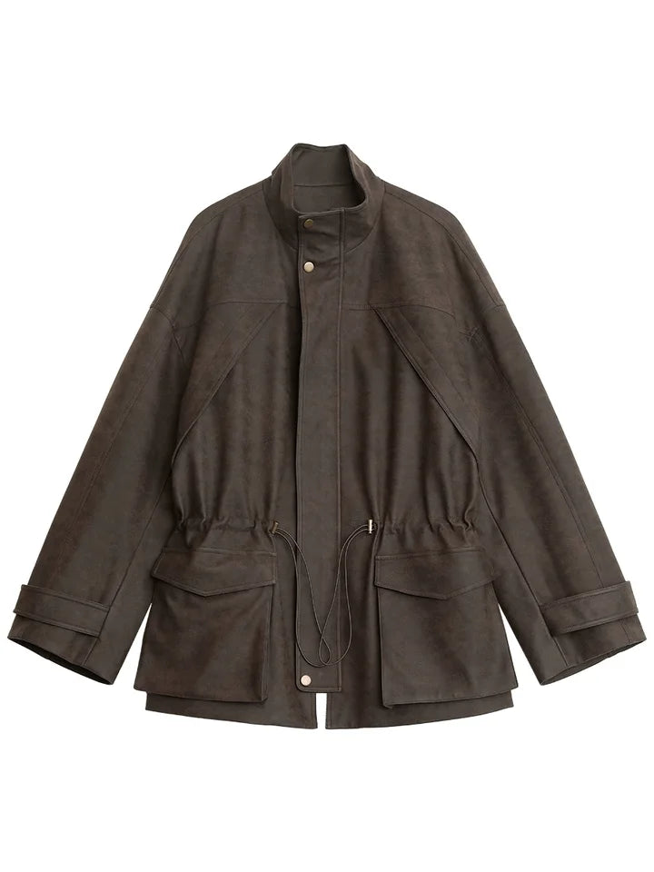 CHIC VEN New Women Suede Jackets Loose Retro Stand Up Collar Mid-length Ladies Casual Coat Female Overcoat Autumn Winter 2025