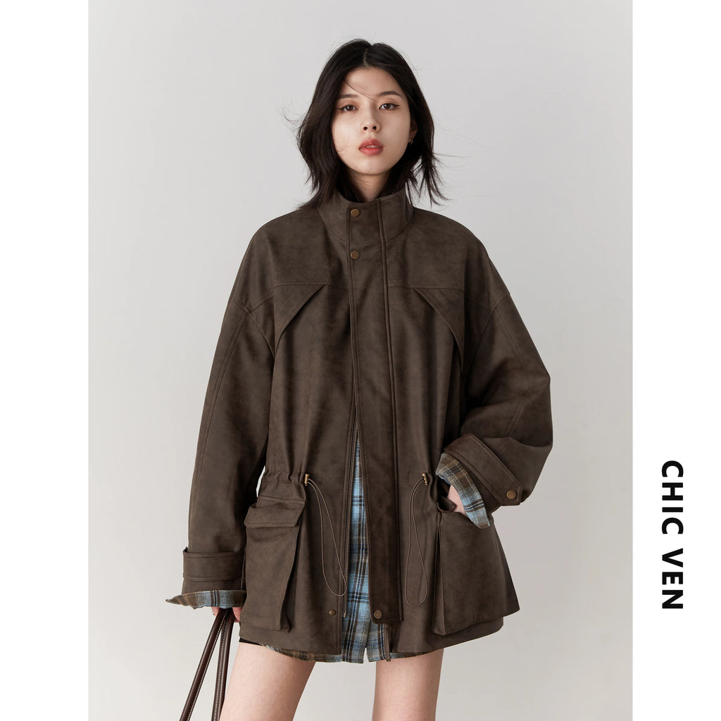 CHIC VEN New Women Suede Jackets Loose Retro Stand Up Collar Mid-length Ladies Casual Coat Female Overcoat Autumn Winter 2025