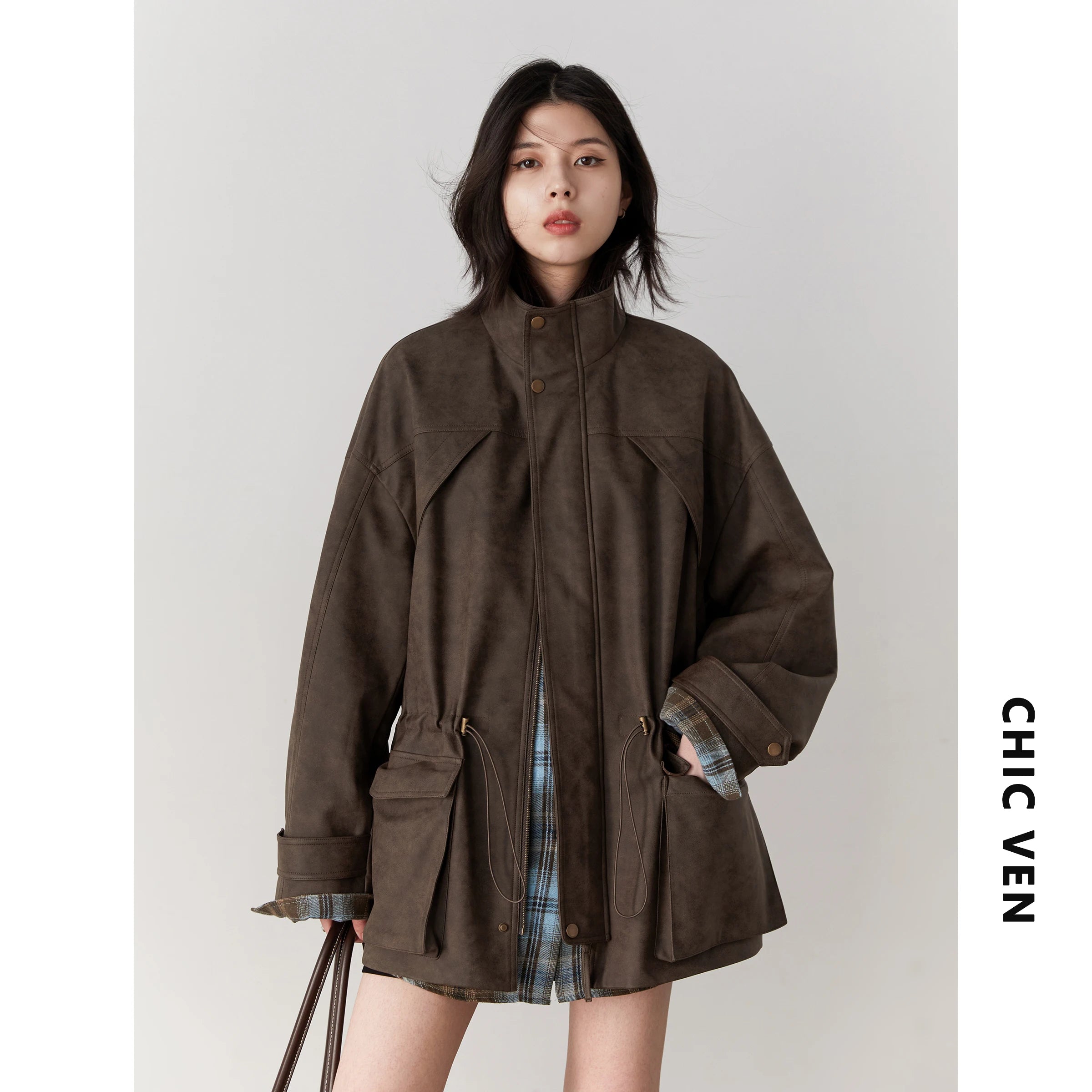 CHIC VEN New Women Suede Jackets Loose Retro Stand Up Collar Mid-length Ladies Casual Coat Female Overcoat Autumn Winter 2025