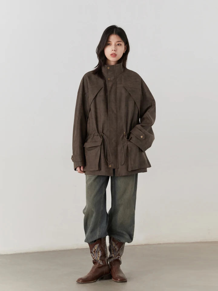 CHIC VEN New Women Suede Jackets Loose Retro Stand Up Collar Mid-length Ladies Casual Coat Female Overcoat Autumn Winter 2025