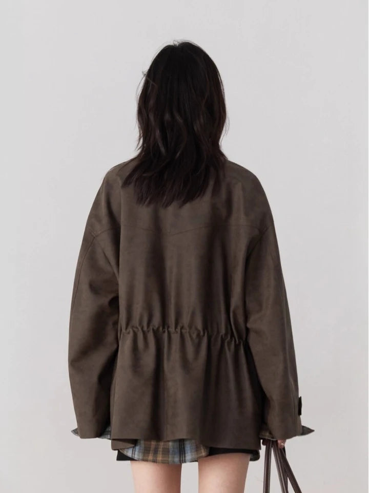 CHIC VEN New Women Suede Jackets Loose Retro Stand Up Collar Mid-length Ladies Casual Coat Female Overcoat Autumn Winter 2025