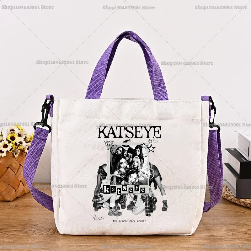 Katseye Fashion Canvas Bag Girl Cute Cartoon Printed Shoulder Bags Women High-capacity Commuting Crossbodybag Handbag Gifts New