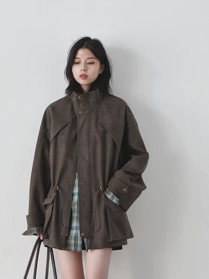 CHIC VEN New Women Suede Jackets Loose Retro Stand Up Collar Mid-length Ladies Casual Coat Female Overcoat Autumn Winter 2025